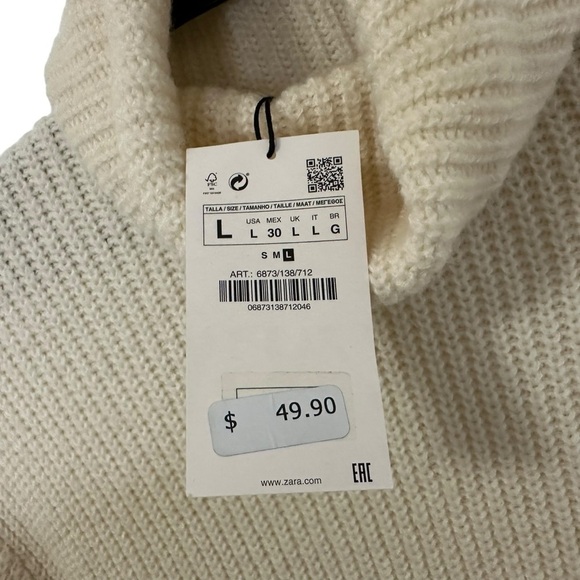Zara Womens Cowl Neck Ribbed Knit Sweater Sz Large Cream Oversized Pullover - Picture 6 of 7